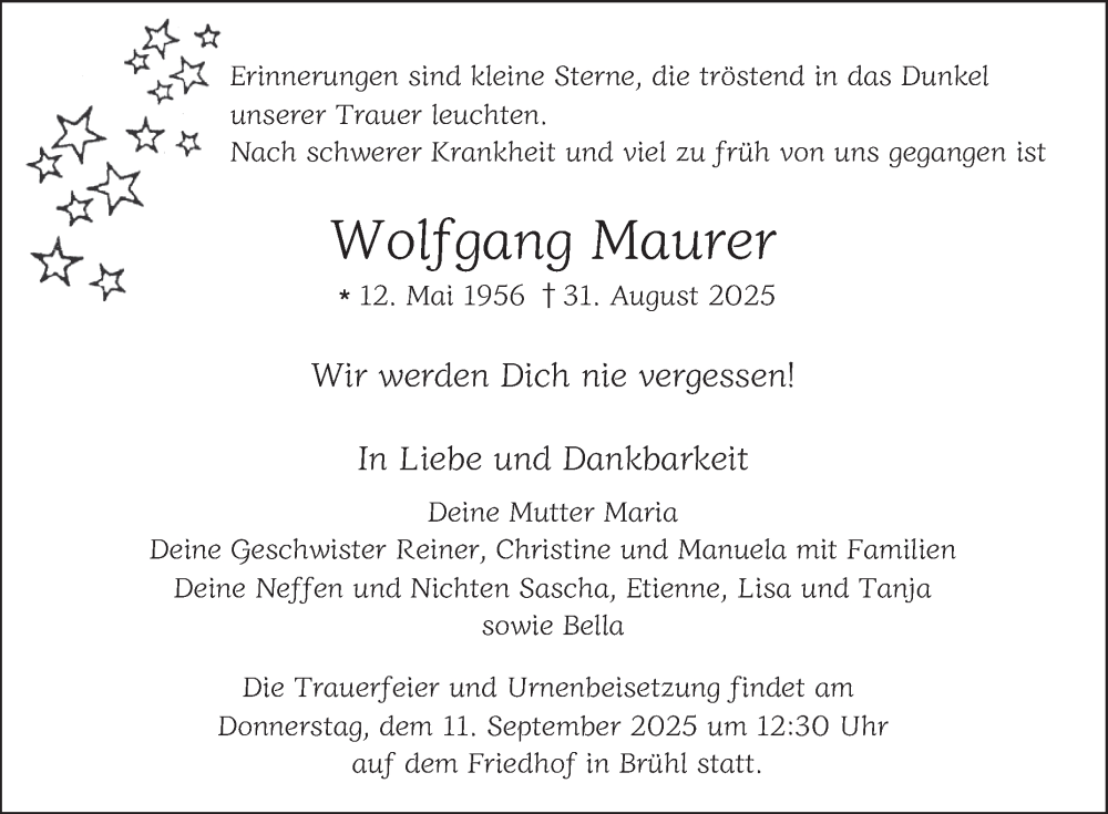  Traueranzeige für Wolfgang Maurer vom 06.09.2025 aus Schwetzinger Zeitung