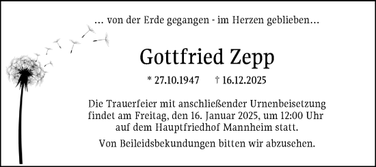 Traueranzeige von Gottfried Zepp von Mannheimer Morgen