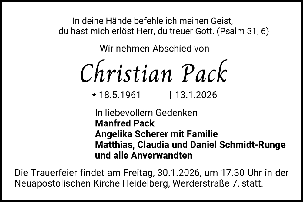  Traueranzeige für Christian Pack vom 24.01.2026 aus Bergsträßer Anzeiger