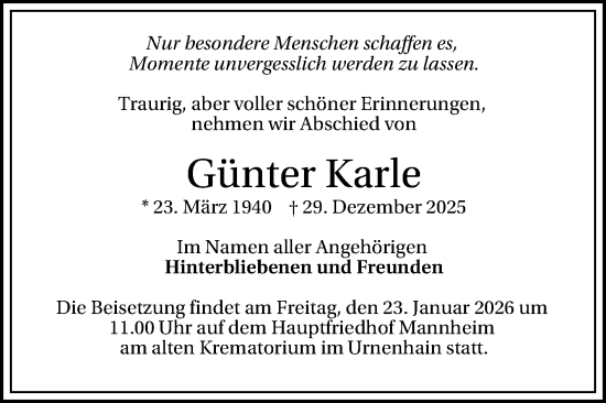 Traueranzeige von Günter Karle von Mannheimer Morgen