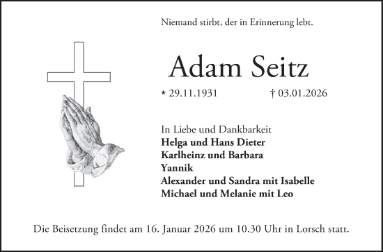 Traueranzeige von Adam Seitz von Bergsträßer Anzeiger
