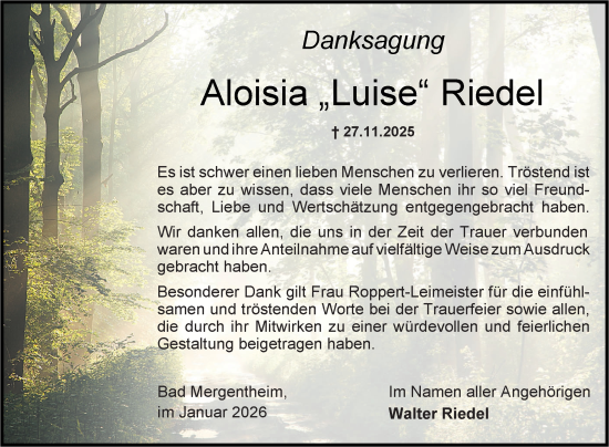 Traueranzeige von Aloisia Riedel von Fränkische Nachrichten