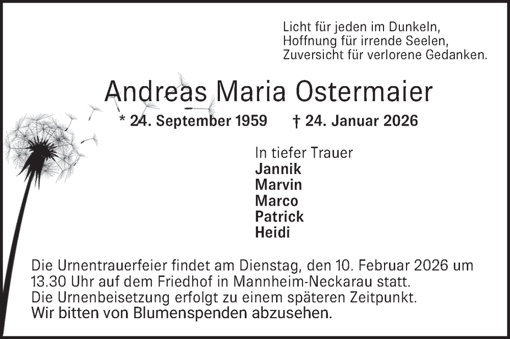  Traueranzeige für Andreas Maria Ostermaier vom 31.01.2026 aus Mannheimer Morgen