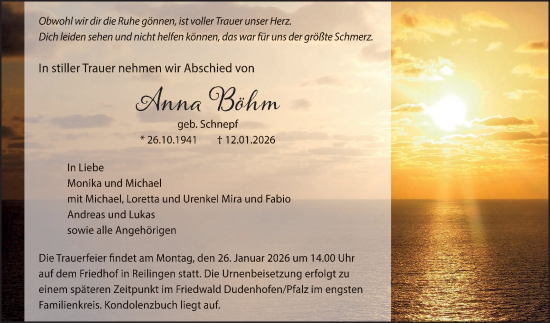 Traueranzeige von Anna Böhm von Schwetzinger Zeitung