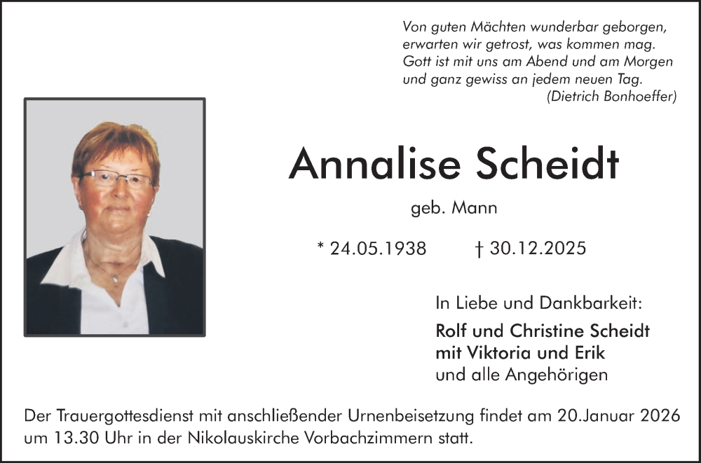  Traueranzeige für Annalise Scheidt vom 09.01.2026 aus Fränkische Nachrichten