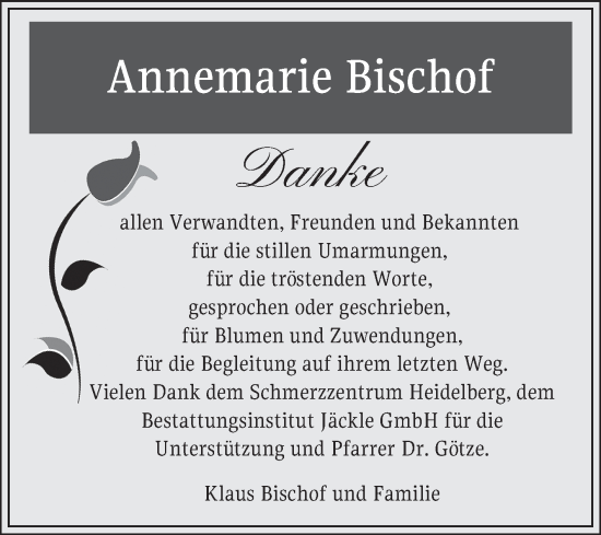 Traueranzeige von Annemarie Bischof von Schwetzinger Zeitung