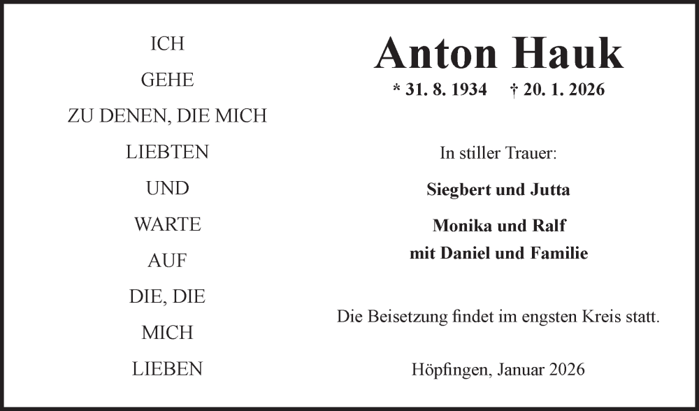  Traueranzeige für Anton Hauk vom 24.01.2026 aus Fränkische Nachrichten