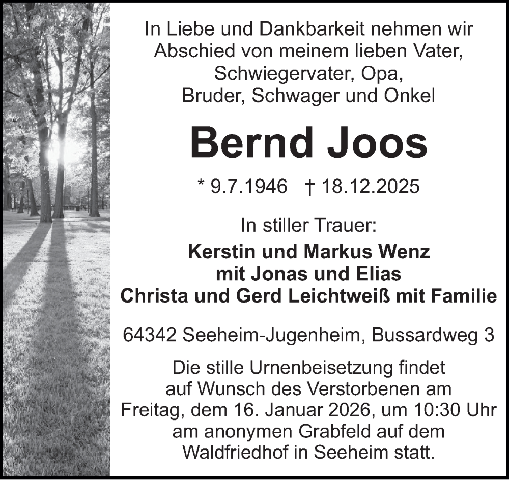  Traueranzeige für Bernd Joos vom 10.01.2026 aus Bergsträßer Anzeiger