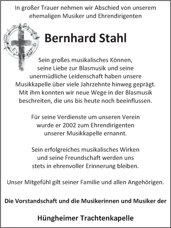Traueranzeige von Bernhard Stahl von Fränkische Nachrichten