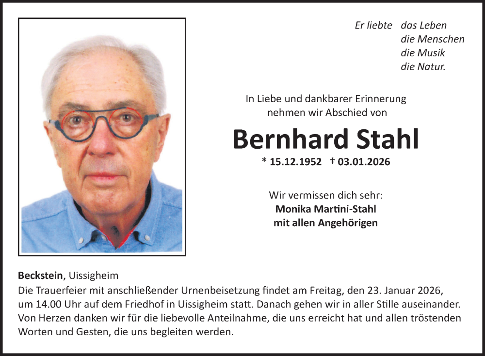  Traueranzeige für Bernhard Stahl vom 17.01.2026 aus Fränkische Nachrichten