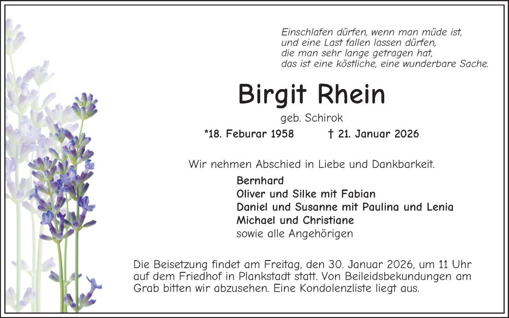  Traueranzeige für Birgit Rhein vom 24.01.2026 aus Schwetzinger Zeitung