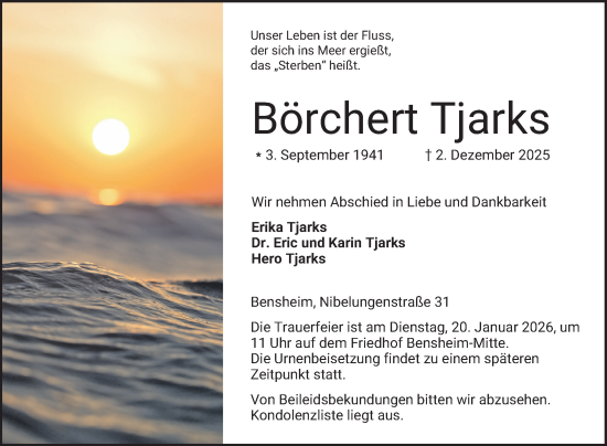 Traueranzeige von Börchert Tjarks von Bergsträßer Anzeiger