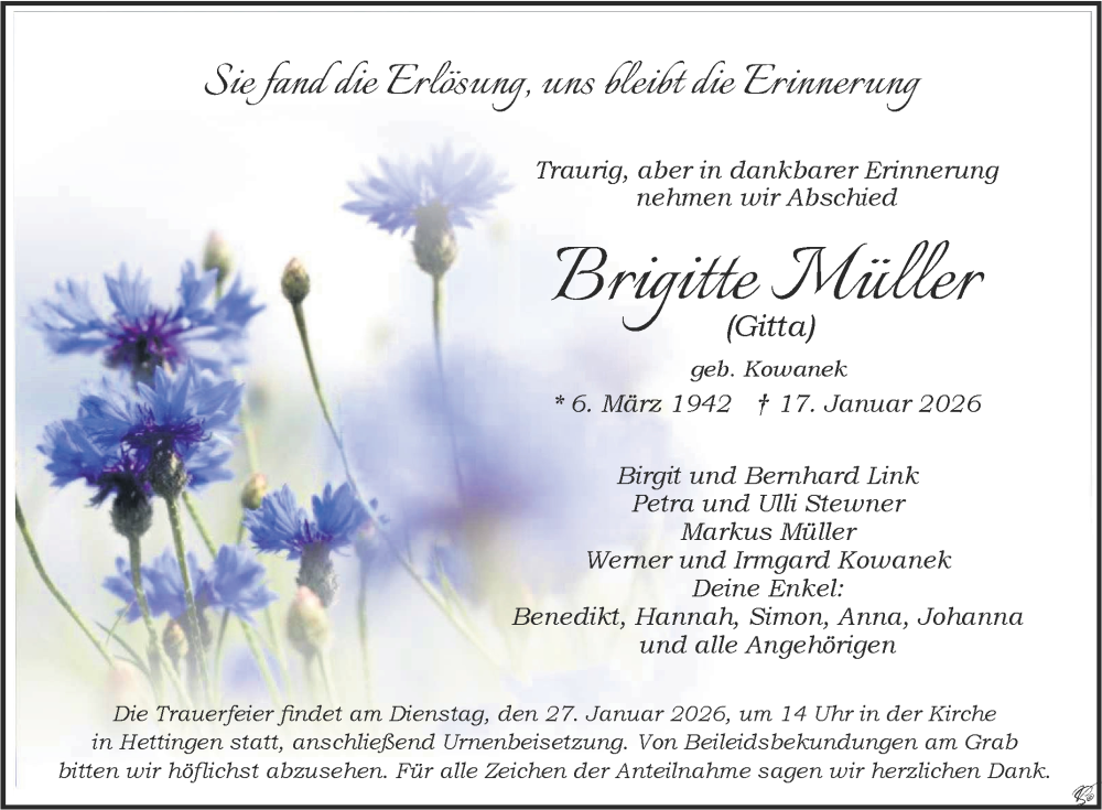  Traueranzeige für Brigitte Müller vom 24.01.2026 aus Fränkische Nachrichten