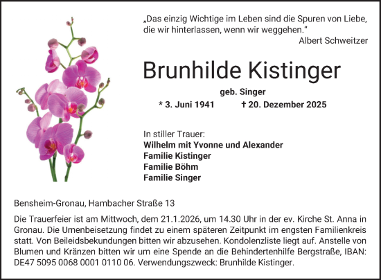 Traueranzeige von Brunhilde Kistinger von Bergsträßer Anzeiger