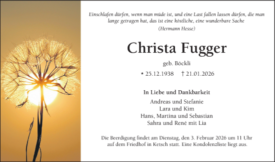 Traueranzeige von Christa Fugger von Schwetzinger Zeitung