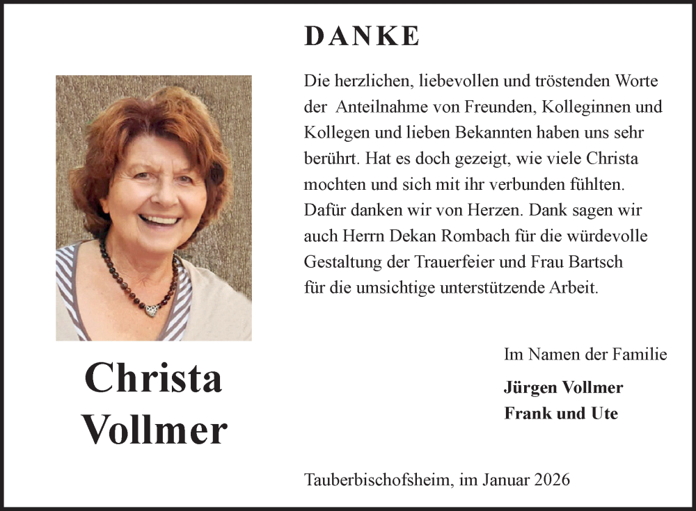  Traueranzeige für Christa Vollmer vom 10.01.2026 aus Fränkische Nachrichten
