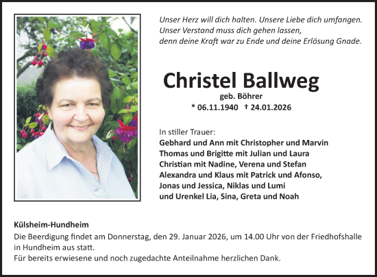 Traueranzeige von Christel Ballweg von Fränkische Nachrichten