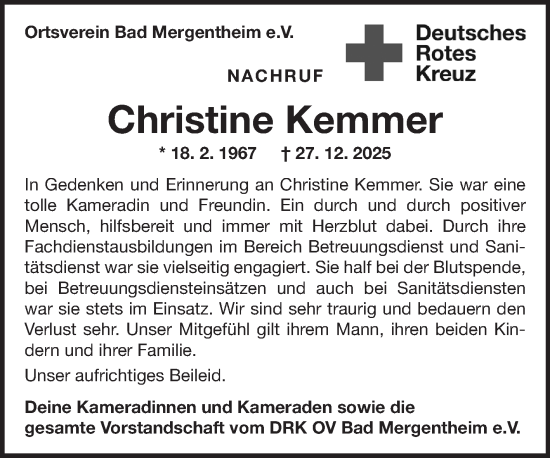 Traueranzeige von Christine Kemmer von Fränkische Nachrichten