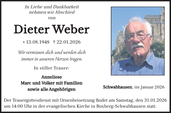 Traueranzeige von Dieter Weber von Fränkische Nachrichten
