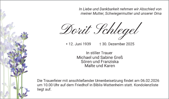 Traueranzeige von Dorit Schlegel von Mannheimer Morgen