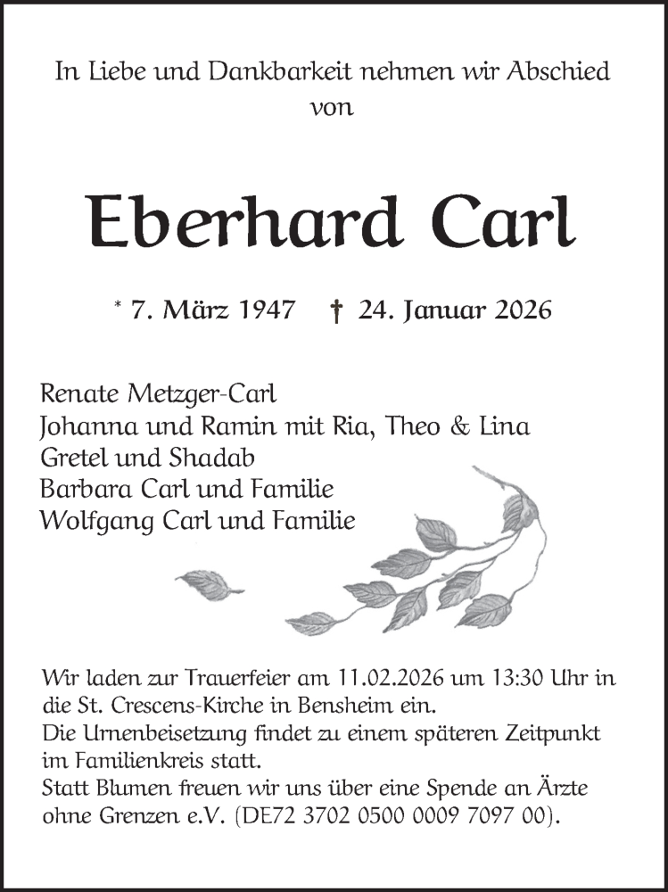  Traueranzeige für Eberhard Carl vom 31.01.2026 aus Bergsträßer Anzeiger