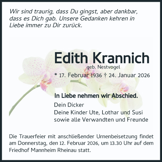 Traueranzeige von Edith Krannich von Mannheimer Morgen