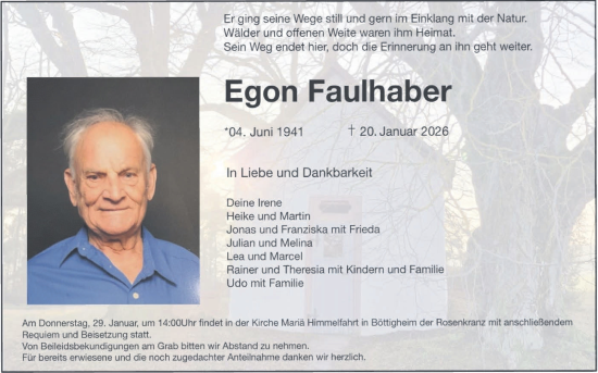 Traueranzeige von Egon Faulhaber von Fränkische Nachrichten