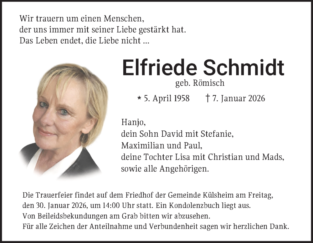  Traueranzeige für Elfriede Schmidt vom 24.01.2026 aus Fränkische Nachrichten