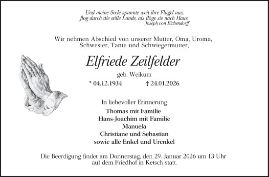 Traueranzeige von Elfriede Zeilfelder von Schwetzinger Zeitung