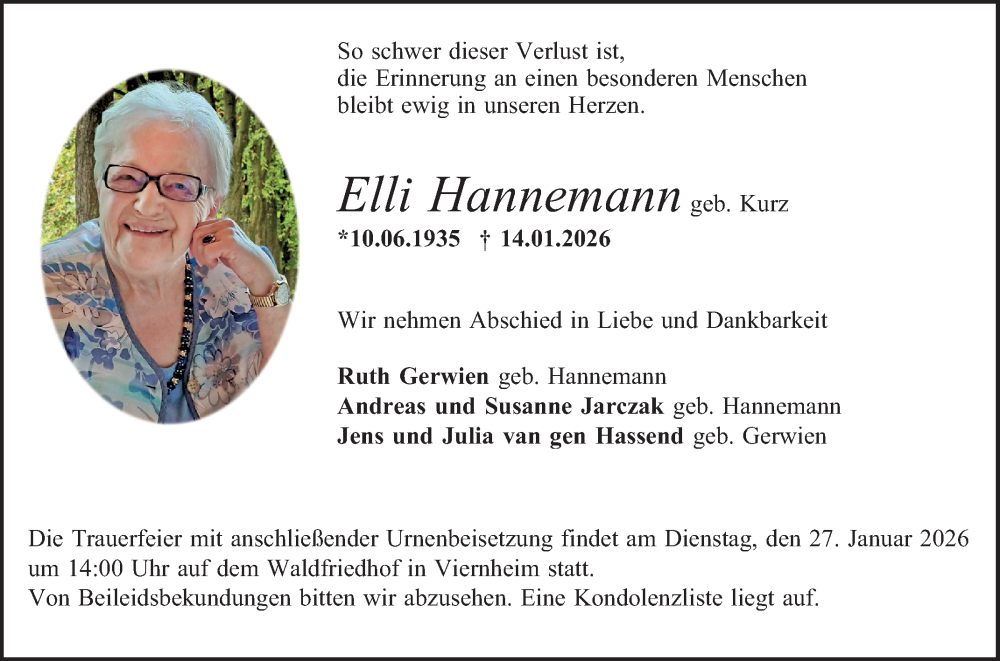  Traueranzeige für Elli Hannemann vom 23.01.2026 aus Mannheimer Morgen