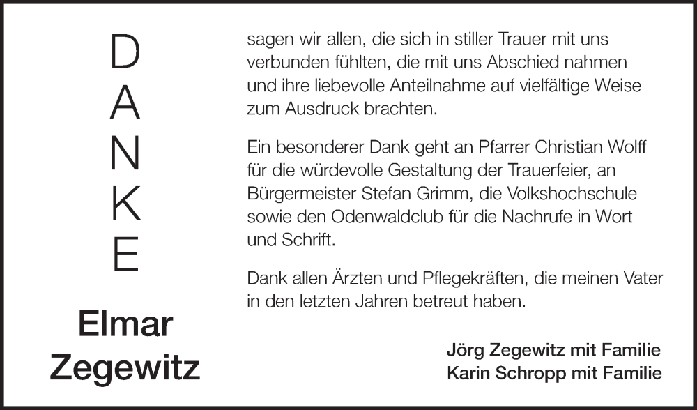  Traueranzeige für Elmar Zegewitz vom 30.01.2026 aus Fränkische Nachrichten