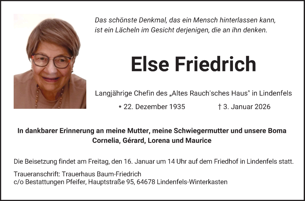  Traueranzeige für Else Friedrich vom 10.01.2026 aus Bergsträßer Anzeiger