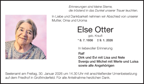 Traueranzeige von Else Otter von Fränkische Nachrichten