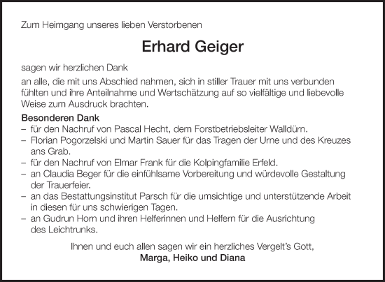 Traueranzeige von Erhard Geiger von Fränkische Nachrichten