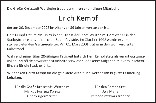 Traueranzeige von Erich Kempf von Fränkische Nachrichten