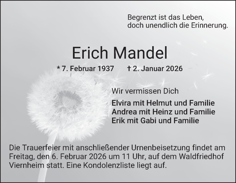  Traueranzeige für Erich Mandel vom 24.01.2026 aus Mannheimer Morgen