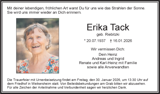 Traueranzeige von Erika Tack von Fränkische Nachrichten