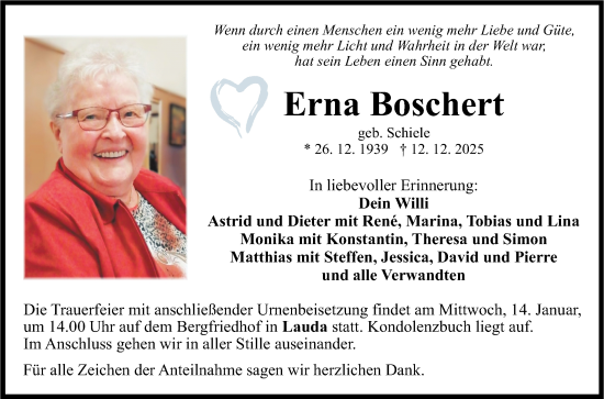 Traueranzeige von Erna Boschert von Fränkische Nachrichten