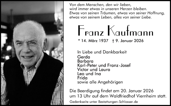 Traueranzeige von Franz Kaufmann von Mannheimer Morgen