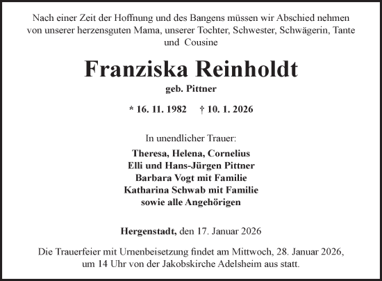 Traueranzeige von Franziska Reinholdt von Fränkische Nachrichten