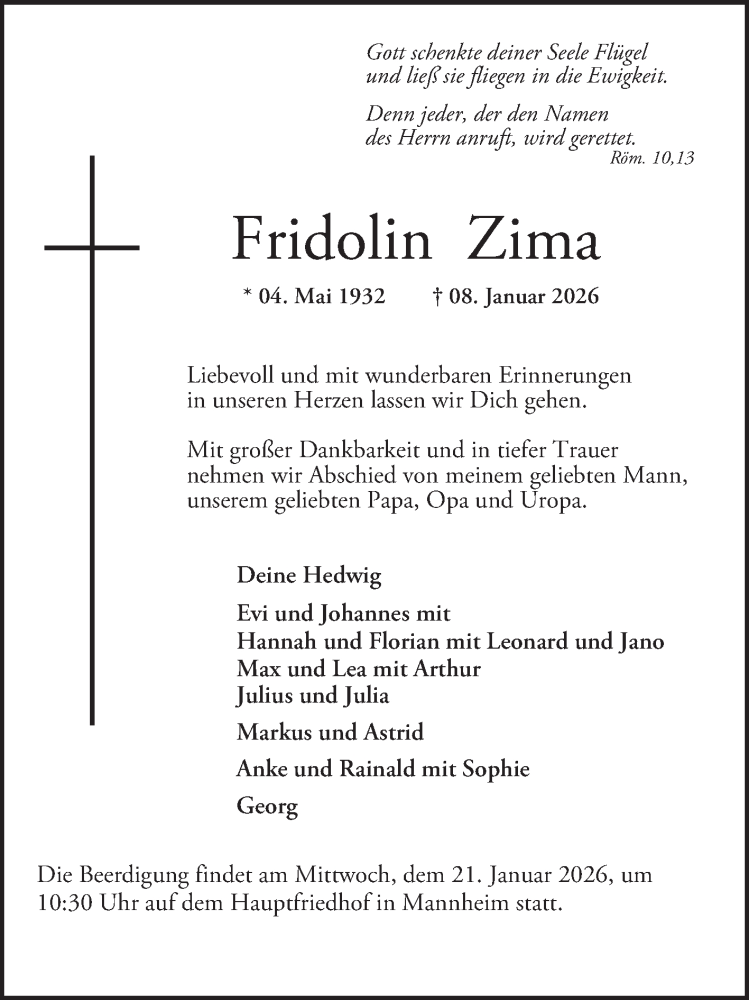  Traueranzeige für Fridolin Zima vom 17.01.2026 aus Mannheimer Morgen