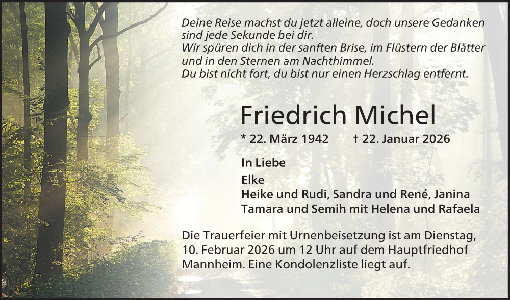  Traueranzeige für Friedrich Michel vom 31.01.2026 aus Mannheimer Morgen