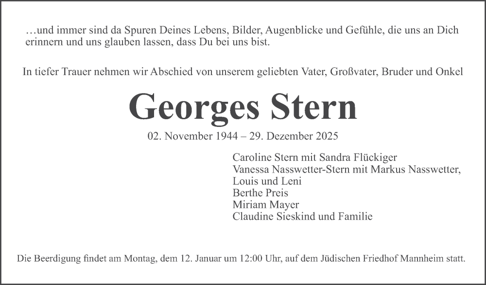  Traueranzeige für Georges Stern vom 08.01.2026 aus Mannheimer Morgen