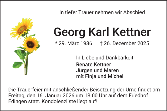 Traueranzeige von Georg Karl Kettner von Mannheimer Morgen