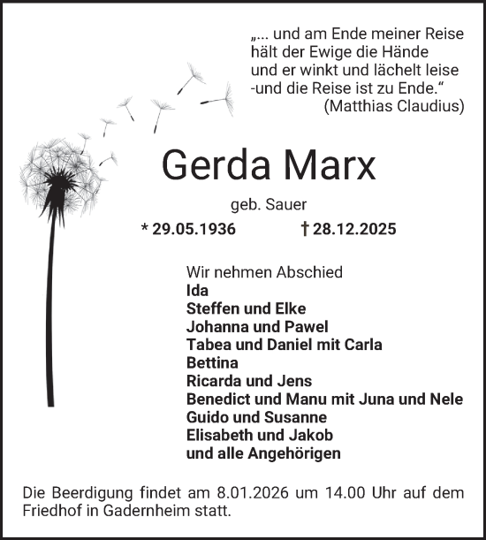 Traueranzeige von Gerda Marx von Bergsträßer Anzeiger