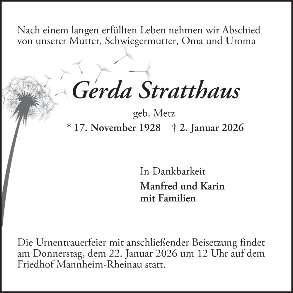  Traueranzeige für Gerda Stratthaus vom 17.01.2026 aus Mannheimer Morgen
