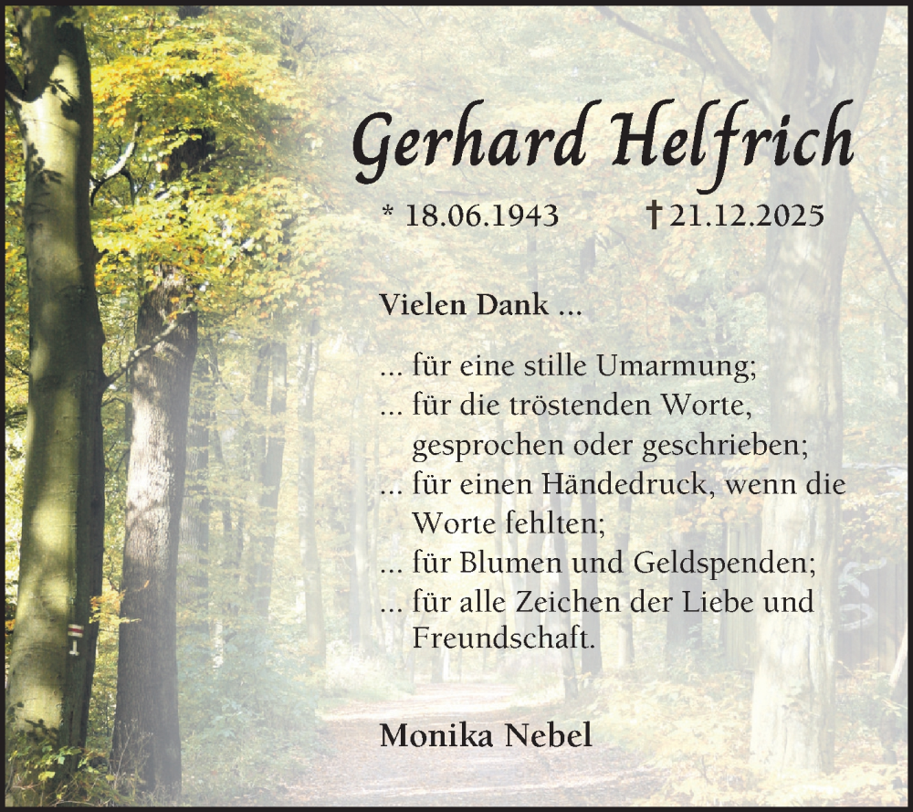  Traueranzeige für Gerhard Helfrich vom 31.01.2026 aus Bergsträßer Anzeiger