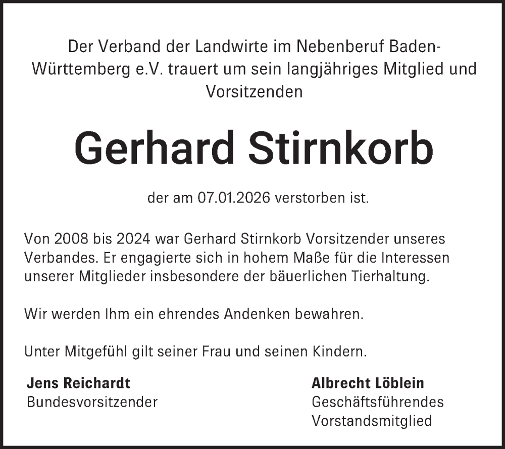  Traueranzeige für Gerhard Stirnkorb vom 22.01.2026 aus Fränkische Nachrichten