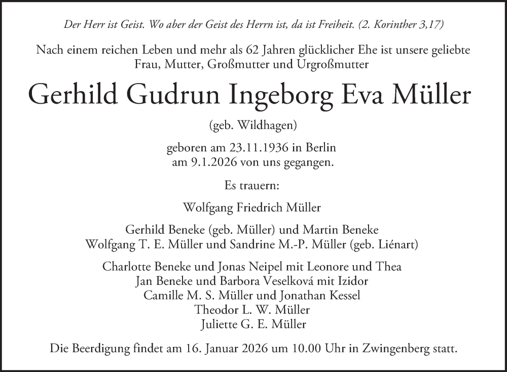  Traueranzeige für Gerhild Gudrun Ingeborg Eva Müller vom 13.01.2026 aus Bergsträßer Anzeiger