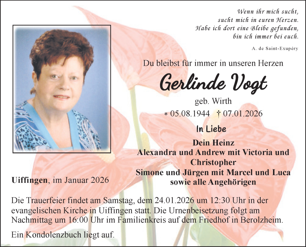  Traueranzeige für Gerlinde Vogt vom 20.01.2026 aus Fränkische Nachrichten